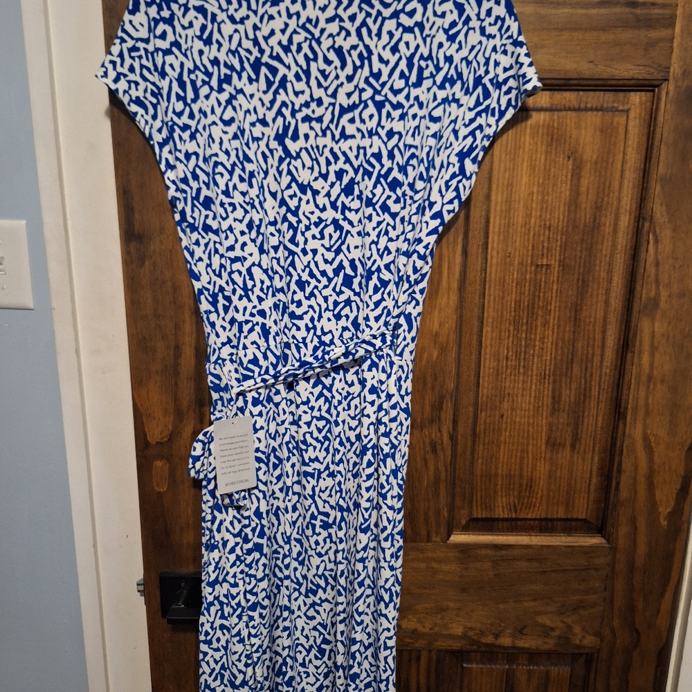 Maggy London Blue and White Patterned Midi Wrap Dress With Tie And Snap Size 14 - Picture 7 of 7